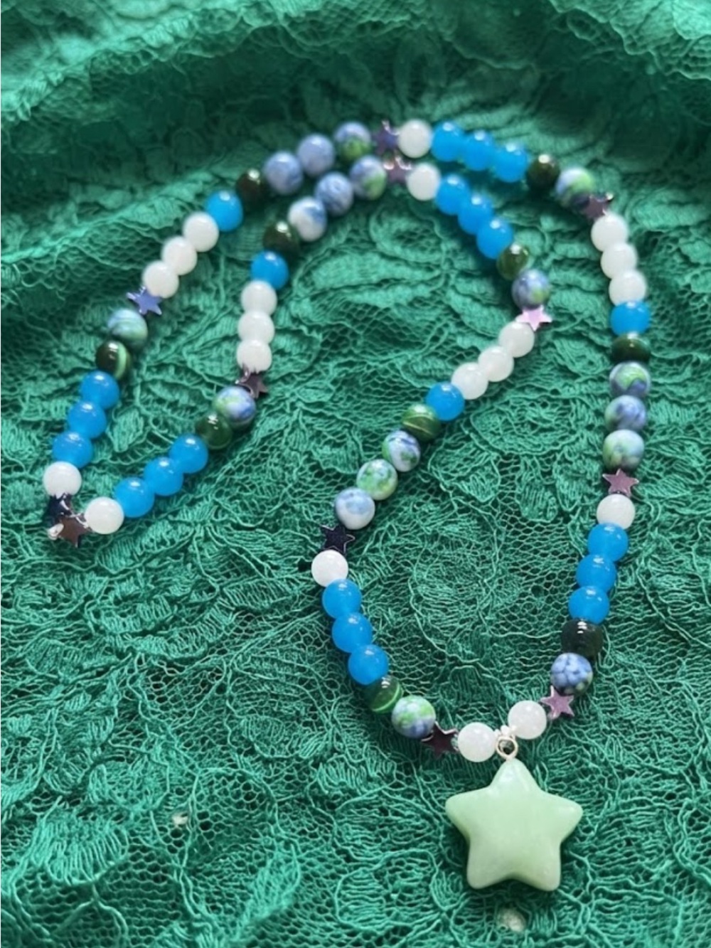 Electric SeaGlass Necklace (Moonstone, Green Tiger’s Eye, Blue Jelly Glass)